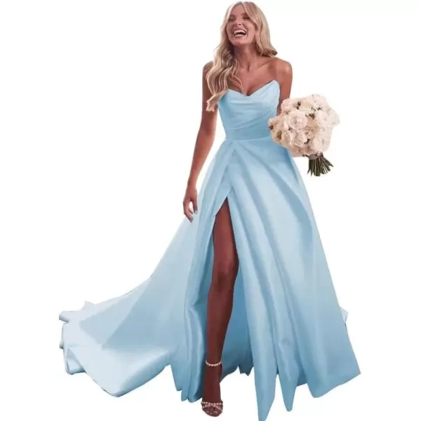 homdor Strapless Prom Dresses Long Ball Gown Satin Wedding Dress for Bride A Line Formal Evening Party Gowns with Slit
