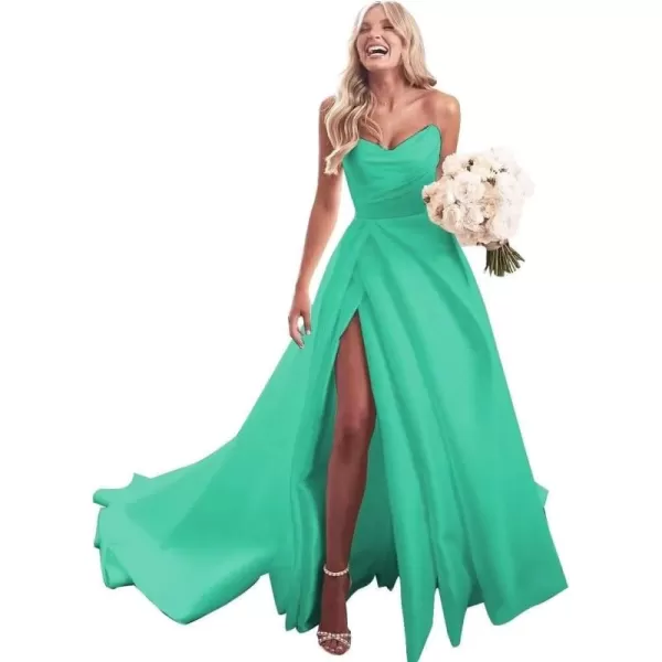 homdor Strapless Prom Dresses Long Ball Gown Satin Wedding Dress for Bride A Line Formal Evening Party Gowns with Slit