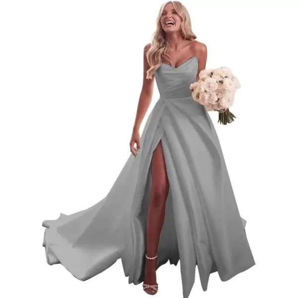 homdor Strapless Prom Dresses Long Ball Gown Satin Wedding Dress for Bride A Line Formal Evening Party Gowns with Slit