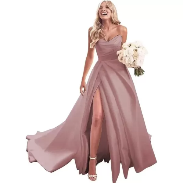 homdor Strapless Prom Dresses Long Ball Gown Satin Wedding Dress for Bride A Line Formal Evening Party Gowns with Slit