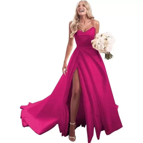 homdor Strapless Prom Dresses Long Ball Gown Satin Wedding Dress for Bride A Line Formal Evening Party Gowns with Slit