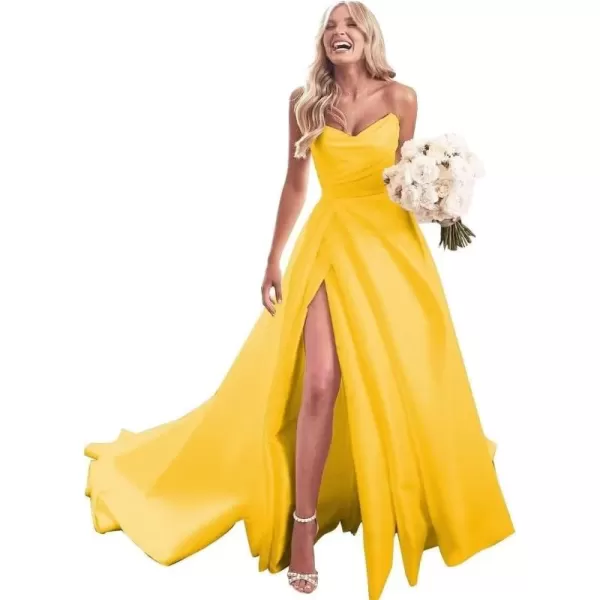 homdor Strapless Prom Dresses Long Ball Gown Satin Wedding Dress for Bride A Line Formal Evening Party Gowns with Slit