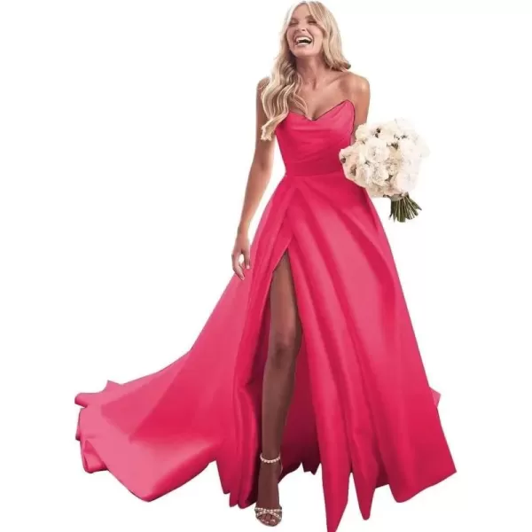 homdor Strapless Prom Dresses Long Ball Gown Satin Wedding Dress for Bride A Line Formal Evening Party Gowns with Slit