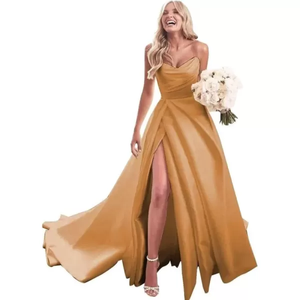 homdor Strapless Prom Dresses Long Ball Gown Satin Wedding Dress for Bride A Line Formal Evening Party Gowns with Slit