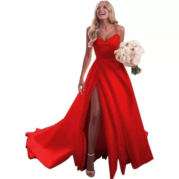 homdor Strapless Prom Dresses Long Ball Gown Satin Wedding Dress for Bride A Line Formal Evening Party Gowns with Slit