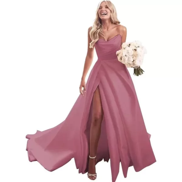 homdor Strapless Prom Dresses Long Ball Gown Satin Wedding Dress for Bride A Line Formal Evening Party Gowns with Slit