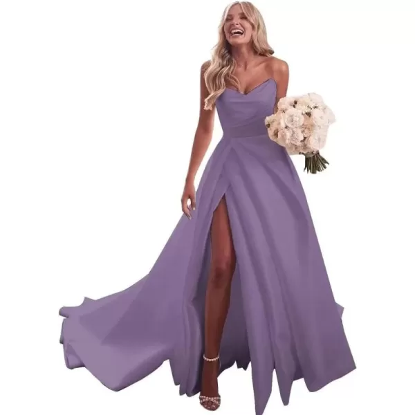 homdor Strapless Prom Dresses Long Ball Gown Satin Wedding Dress for Bride A Line Formal Evening Party Gowns with Slit