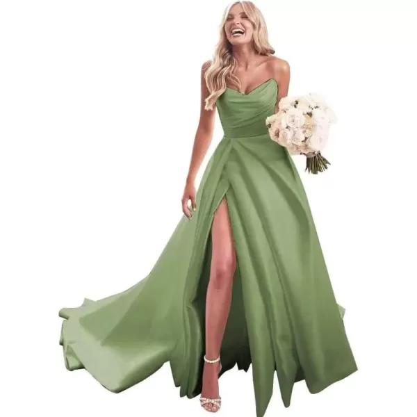 homdor Strapless Prom Dresses Long Ball Gown Satin Wedding Dress for Bride A Line Formal Evening Party Gowns with Slit