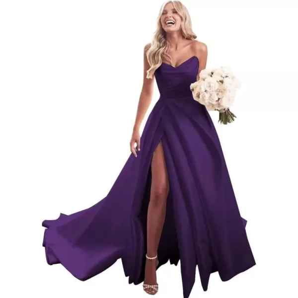 homdor Strapless Prom Dresses Long Ball Gown Satin Wedding Dress for Bride A Line Formal Evening Party Gowns with Slit