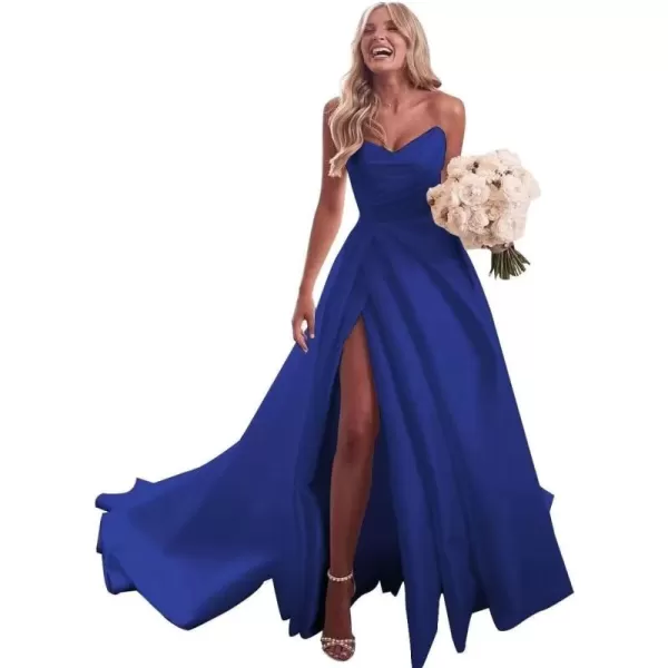 homdor Strapless Prom Dresses Long Ball Gown Satin Wedding Dress for Bride A Line Formal Evening Party Gowns with Slit
