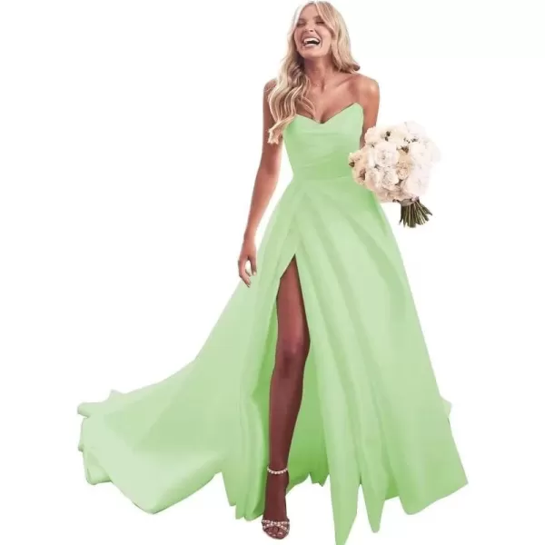 homdor Strapless Prom Dresses Long Ball Gown Satin Wedding Dress for Bride A Line Formal Evening Party Gowns with Slit