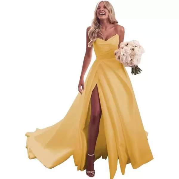 homdor Strapless Prom Dresses Long Ball Gown Satin Wedding Dress for Bride A Line Formal Evening Party Gowns with Slit