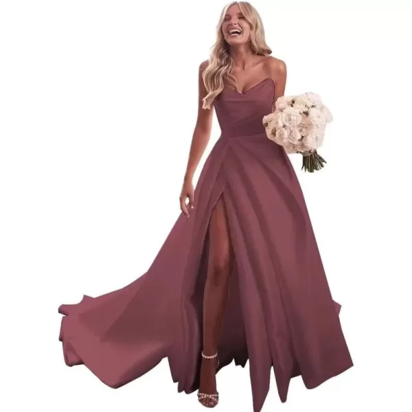 homdor Strapless Prom Dresses Long Ball Gown Satin Wedding Dress for Bride A Line Formal Evening Party Gowns with Slit