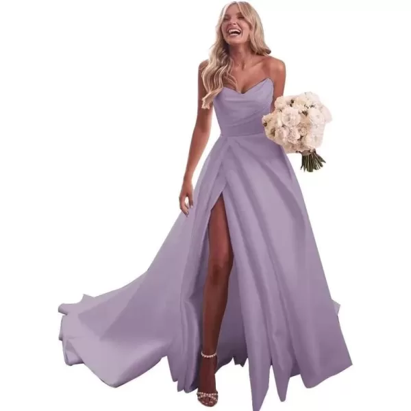 homdor Strapless Prom Dresses Long Ball Gown Satin Wedding Dress for Bride A Line Formal Evening Party Gowns with Slit