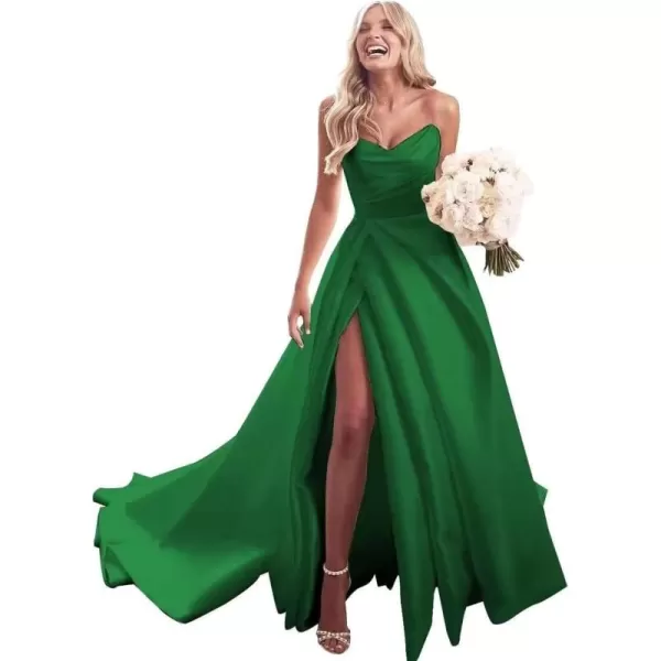 homdor Strapless Prom Dresses Long Ball Gown Satin Wedding Dress for Bride A Line Formal Evening Party Gowns with Slit
