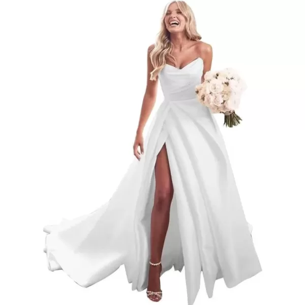 homdor Strapless Prom Dresses Long Ball Gown Satin Wedding Dress for Bride A Line Formal Evening Party Gowns with Slit