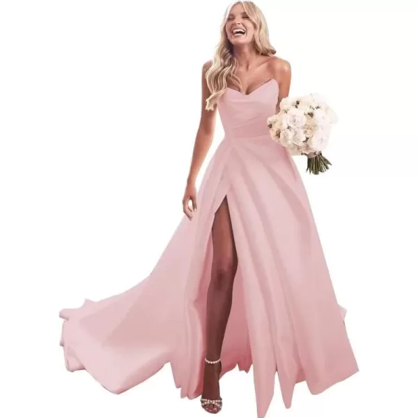 homdor Strapless Prom Dresses Long Ball Gown Satin Wedding Dress for Bride A Line Formal Evening Party Gowns with Slit