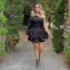 imageOne Shoulder Sequin Homecoming Dresses Long Sleeve Layered Prom Dresses Short Sparkly Cocktial Party GownsRose Gold