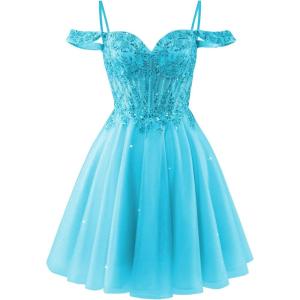imageOff Shoulder Tulle Homecoming Dresses 2025 Prom Dresses Short Sparkly Beaded Formal Party GownsAqua