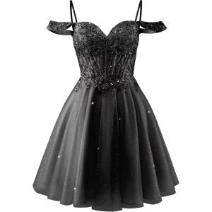 imageOff Shoulder Tulle Homecoming Dresses 2025 Prom Dresses Short Sparkly Beaded Formal Party GownsBlack