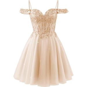 imageOff Shoulder Tulle Homecoming Dresses 2025 Prom Dresses Short Sparkly Beaded Formal Party GownsChampagne