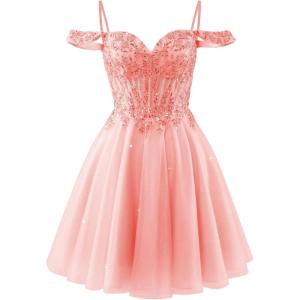 imageOff Shoulder Tulle Homecoming Dresses 2025 Prom Dresses Short Sparkly Beaded Formal Party GownsCoral