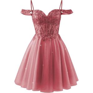 imageOff Shoulder Tulle Homecoming Dresses 2025 Prom Dresses Short Sparkly Beaded Formal Party GownsDesert Rose