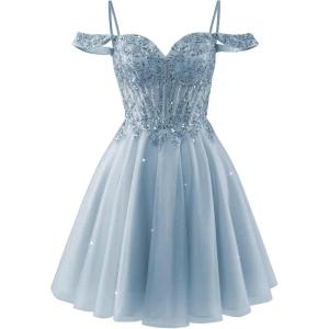 imageOff Shoulder Tulle Homecoming Dresses 2025 Prom Dresses Short Sparkly Beaded Formal Party GownsDusty Blue