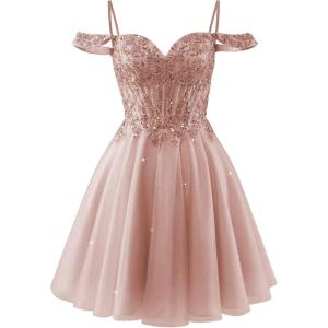 imageOff Shoulder Tulle Homecoming Dresses 2025 Prom Dresses Short Sparkly Beaded Formal Party GownsDusty Rose