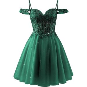 imageOff Shoulder Tulle Homecoming Dresses 2025 Prom Dresses Short Sparkly Beaded Formal Party GownsEmerald Green