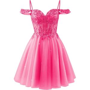 imageOff Shoulder Tulle Homecoming Dresses 2025 Prom Dresses Short Sparkly Beaded Formal Party GownsHot Pink