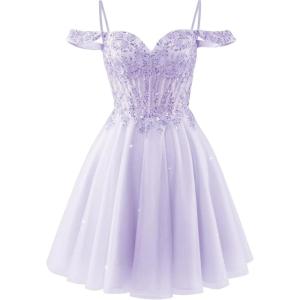 imageOff Shoulder Tulle Homecoming Dresses 2025 Prom Dresses Short Sparkly Beaded Formal Party GownsLavender