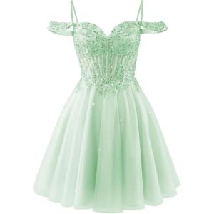 imageOff Shoulder Tulle Homecoming Dresses 2025 Prom Dresses Short Sparkly Beaded Formal Party GownsMint Green