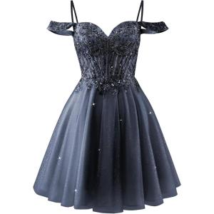 imageOff Shoulder Tulle Homecoming Dresses 2025 Prom Dresses Short Sparkly Beaded Formal Party GownsNavy Blue