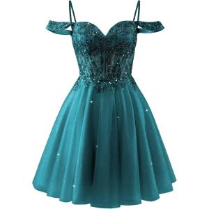 imageOff Shoulder Tulle Homecoming Dresses 2025 Prom Dresses Short Sparkly Beaded Formal Party GownsPeacock