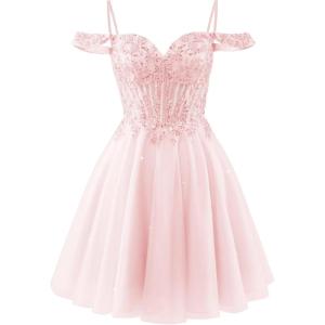 imageOff Shoulder Tulle Homecoming Dresses 2025 Prom Dresses Short Sparkly Beaded Formal Party GownsPink