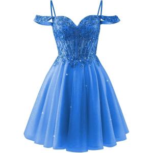 imageOff Shoulder Tulle Homecoming Dresses 2025 Prom Dresses Short Sparkly Beaded Formal Party GownsRoyal Blue