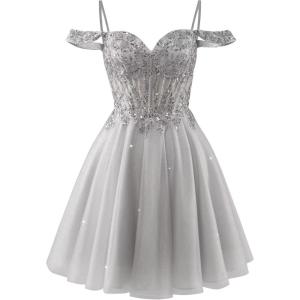 imageOff Shoulder Tulle Homecoming Dresses 2025 Prom Dresses Short Sparkly Beaded Formal Party GownsSilver