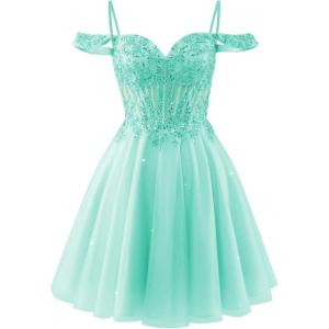 imageOff Shoulder Tulle Homecoming Dresses 2025 Prom Dresses Short Sparkly Beaded Formal Party GownsTurquoise