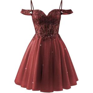 imageOff Shoulder Tulle Homecoming Dresses 2025 Prom Dresses Short Sparkly Beaded Formal Party GownsWine Red
