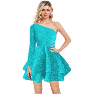imageOne Shoulder Sequin Homecoming Dresses Long Sleeve Layered Prom Dresses Short Sparkly Cocktial Party GownsAqua