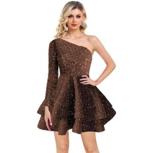 imageOne Shoulder Sequin Homecoming Dresses Long Sleeve Layered Prom Dresses Short Sparkly Cocktial Party GownsBrown
