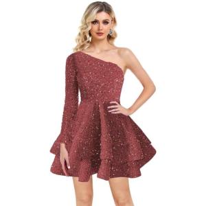 imageOne Shoulder Sequin Homecoming Dresses Long Sleeve Layered Prom Dresses Short Sparkly Cocktial Party GownsBurgundy