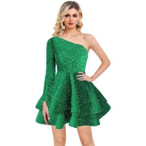 imageOne Shoulder Sequin Homecoming Dresses Long Sleeve Layered Prom Dresses Short Sparkly Cocktial Party GownsDark Green