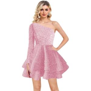 imageOne Shoulder Sequin Homecoming Dresses Long Sleeve Layered Prom Dresses Short Sparkly Cocktial Party GownsDusty Pink