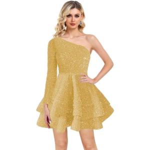 imageOne Shoulder Sequin Homecoming Dresses Long Sleeve Layered Prom Dresses Short Sparkly Cocktial Party GownsGold