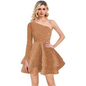 imageOne Shoulder Sequin Homecoming Dresses Long Sleeve Layered Prom Dresses Short Sparkly Cocktial Party GownsGold Brown