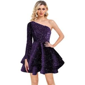imageOne Shoulder Sequin Homecoming Dresses Long Sleeve Layered Prom Dresses Short Sparkly Cocktial Party GownsGrape