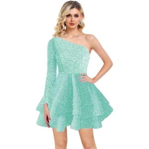 imageOne Shoulder Sequin Homecoming Dresses Long Sleeve Layered Prom Dresses Short Sparkly Cocktial Party GownsIce Blue
