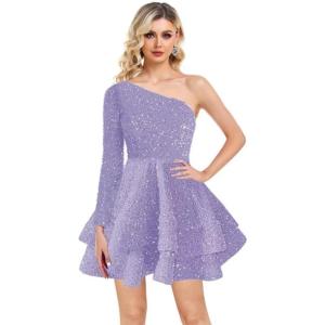 imageOne Shoulder Sequin Homecoming Dresses Long Sleeve Layered Prom Dresses Short Sparkly Cocktial Party GownsLavender